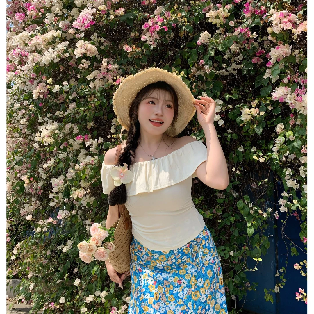 【清货】荷叶边一字肩短袖上衣女短袖微胖大码mm设计感t恤女夏