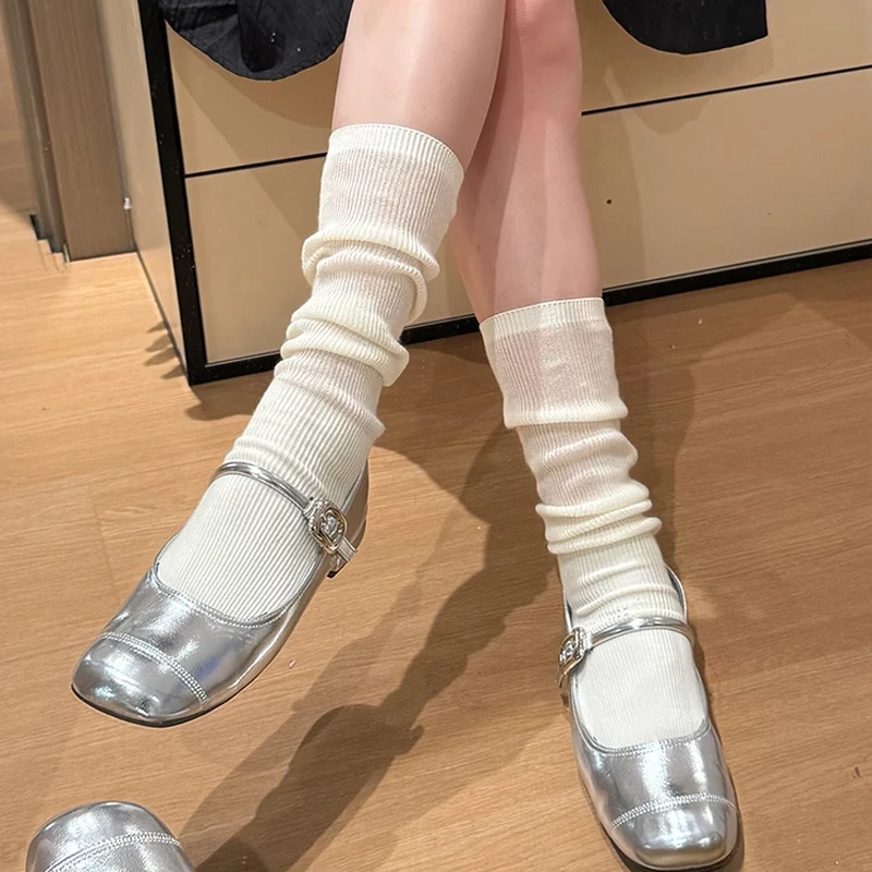 2025春夏杂志同款长筒袜子女韩系慵懒宽松纯色百搭小腿堆堆袜薄款