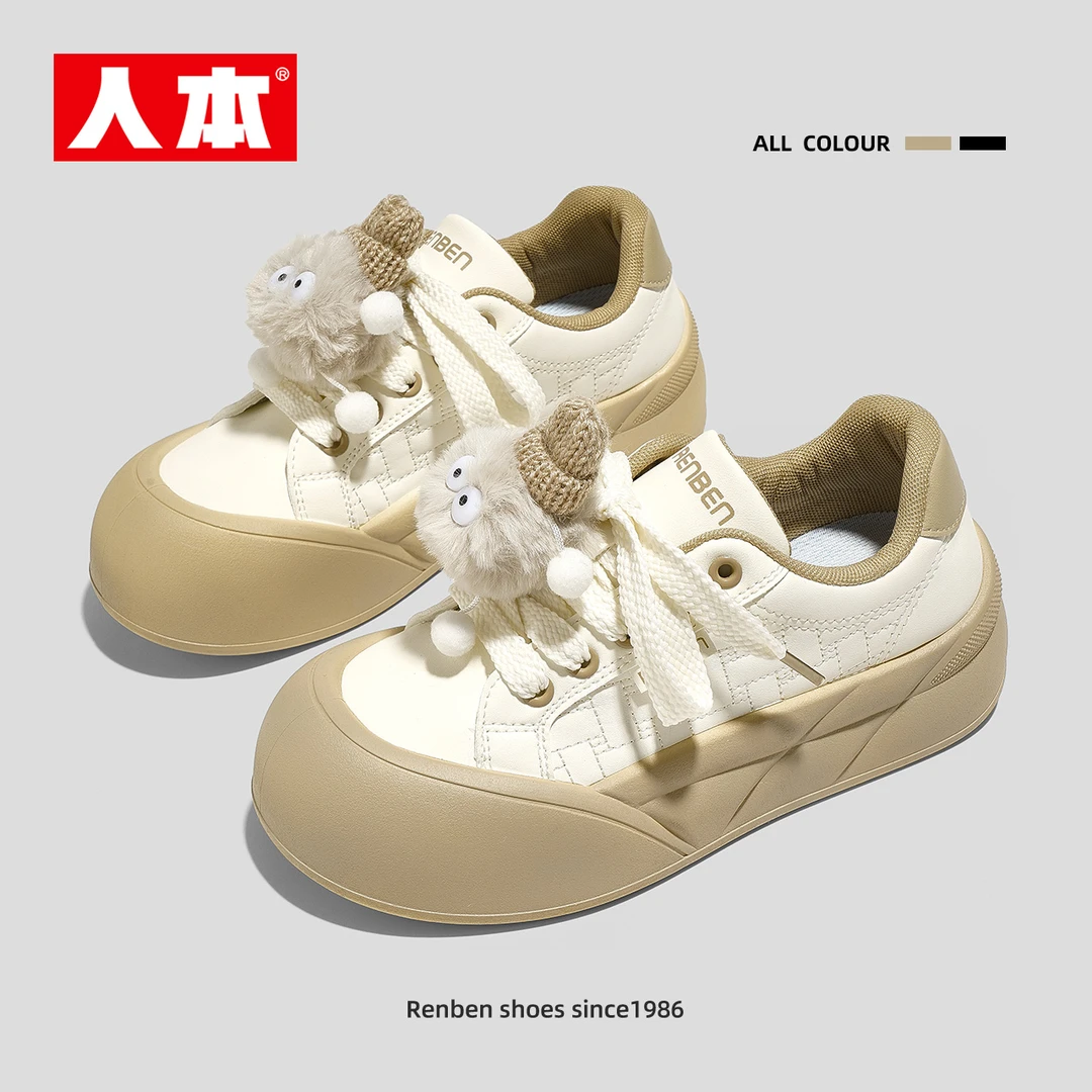 人本皮面小白丑萌可爱大头厚底女帆布鞋学生鞋子女款爆款2025新款