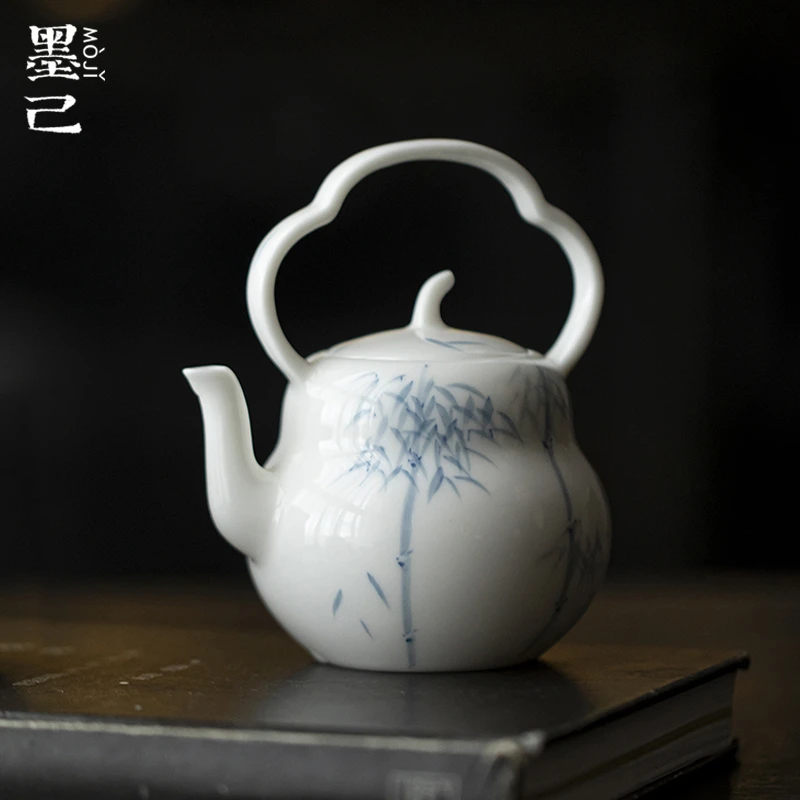 墨己白瓷手绘提梁壶功夫茶具陶瓷竹子泡茶壶葫芦家用手提壶球孔