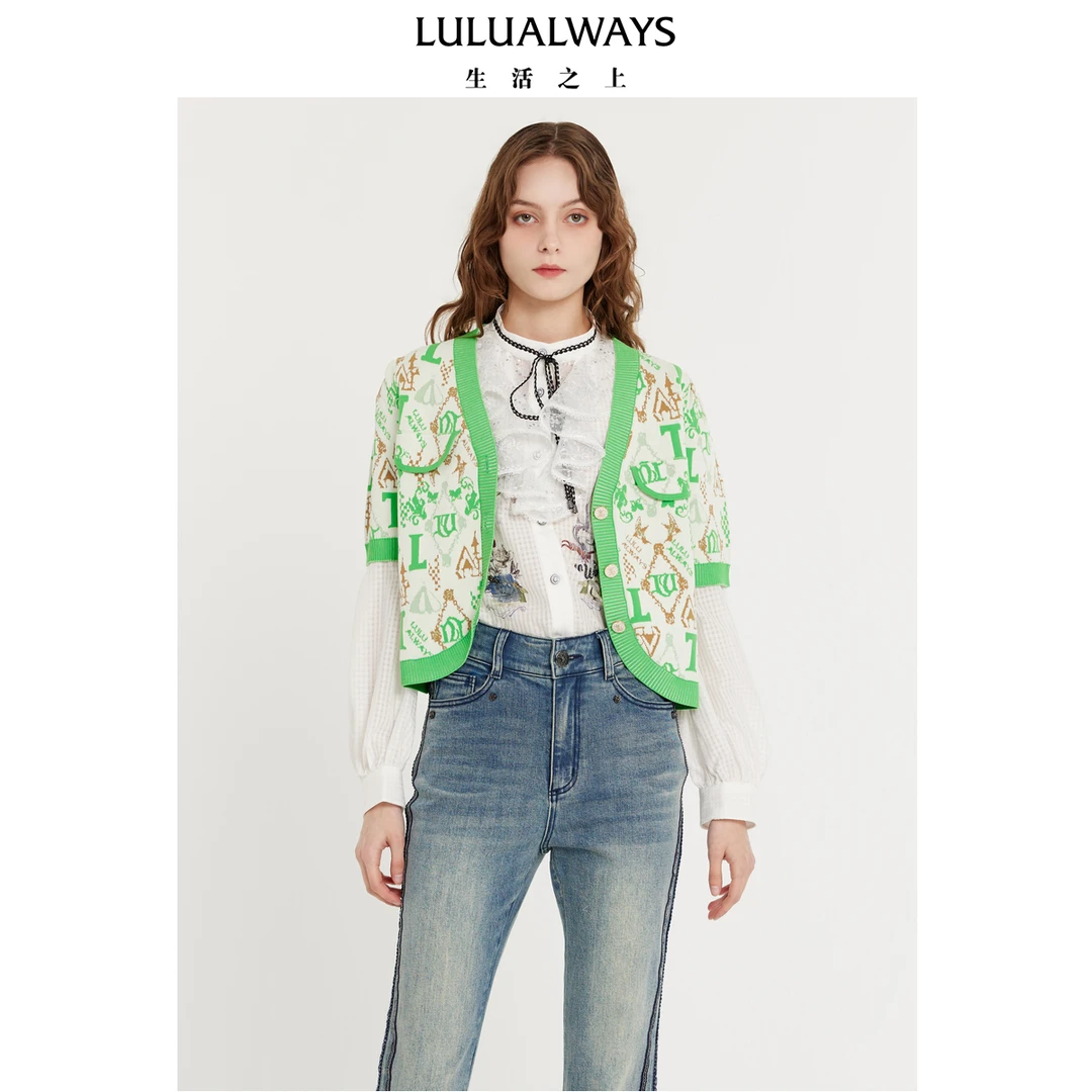 LULUALWAYS24春季新款清新甜美文艺少女心短袖针织开衫