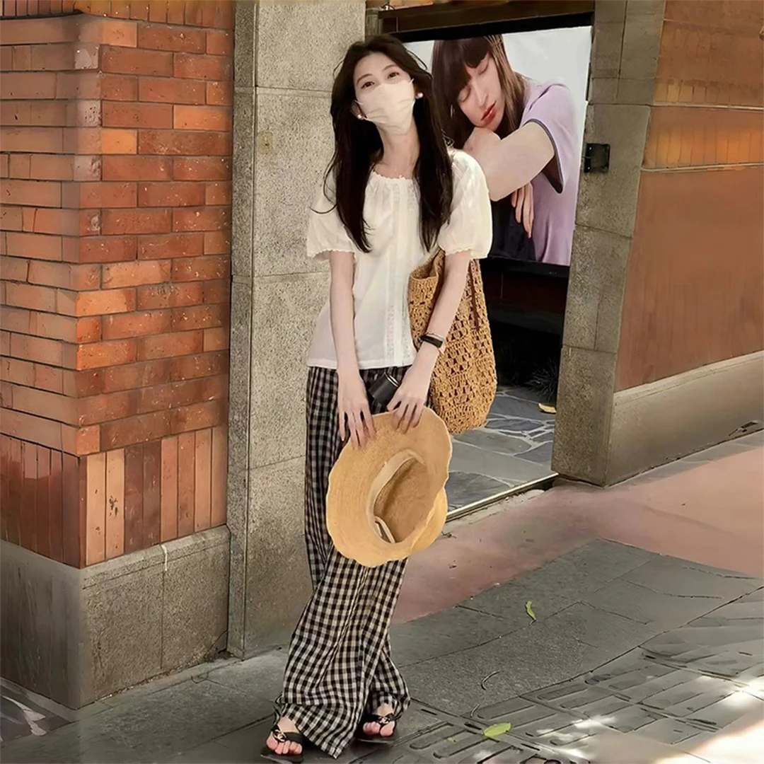 夏日穿搭套装设计感时尚蕾丝花边衬衫复古气质阔腿显瘦格子休闲裤
