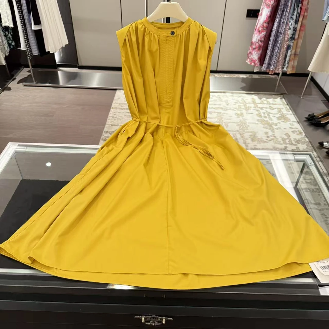 时尚25S新款气质纯色连衣裙!原厂订单!休闲女士夏季黄色无袖a字裙