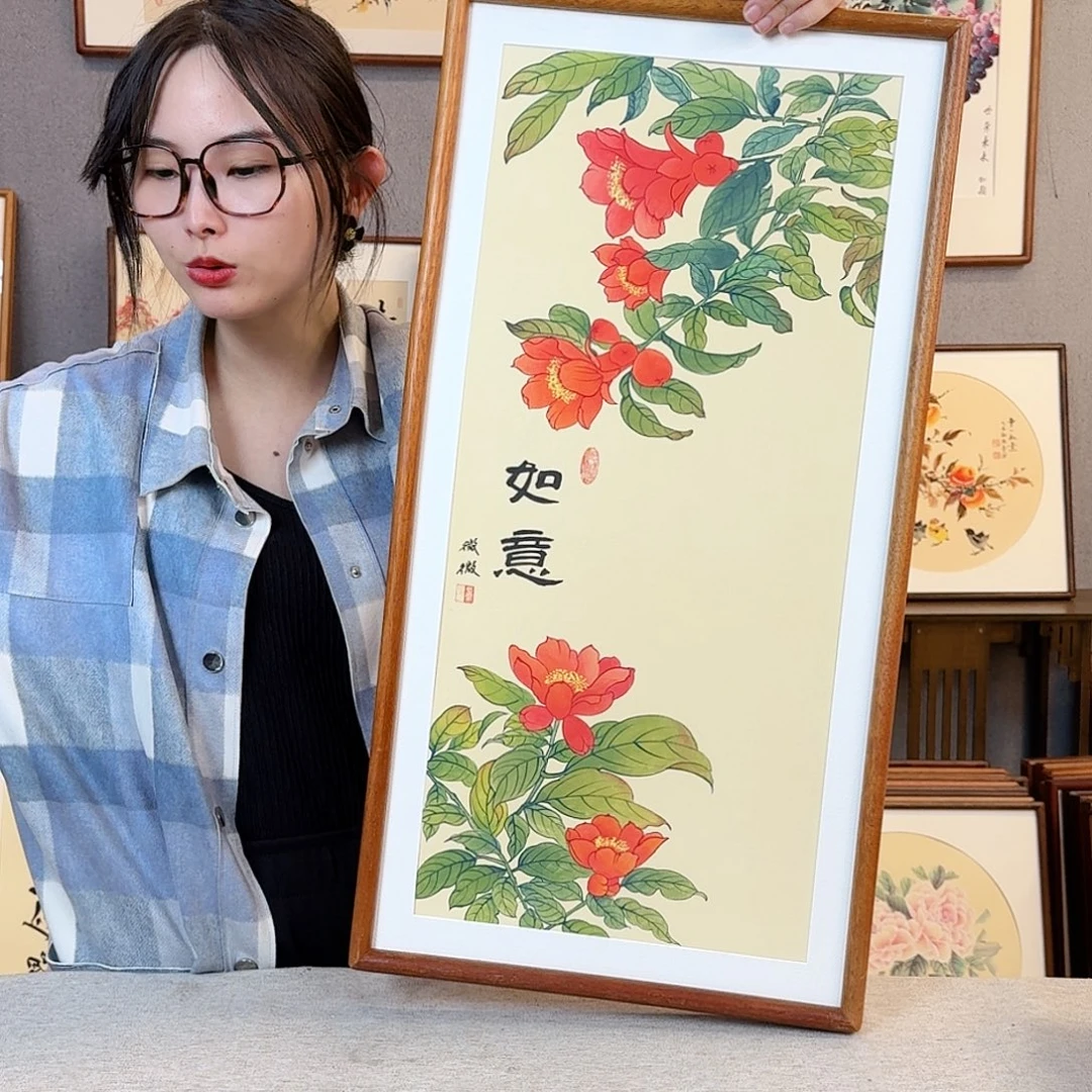 国画纯手绘，纯手写带框尺寸：36×69厘米