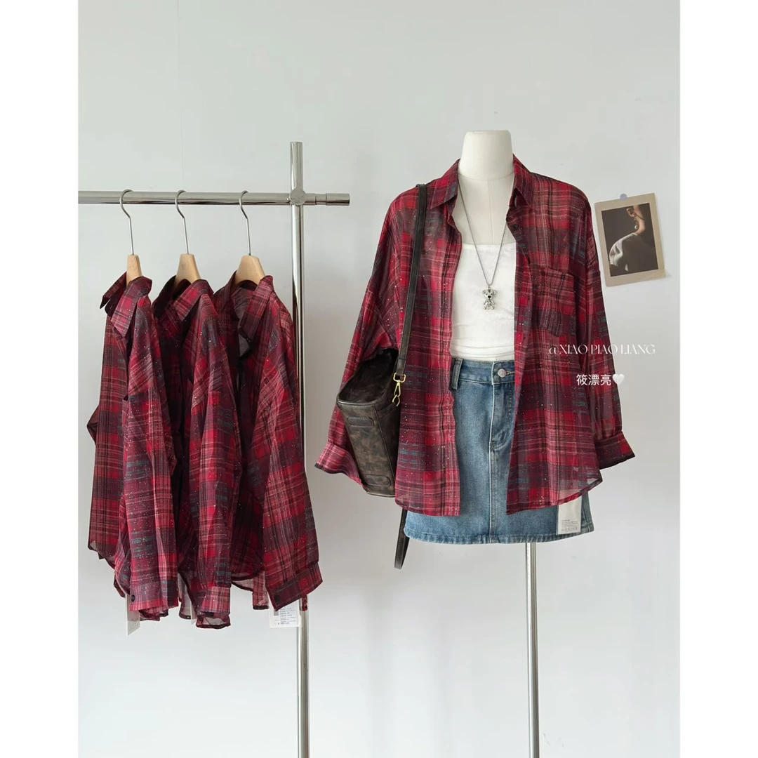 夏季新款罩衫高级感小众百搭衬衫外搭格子上衣休闲气质6562#0.1