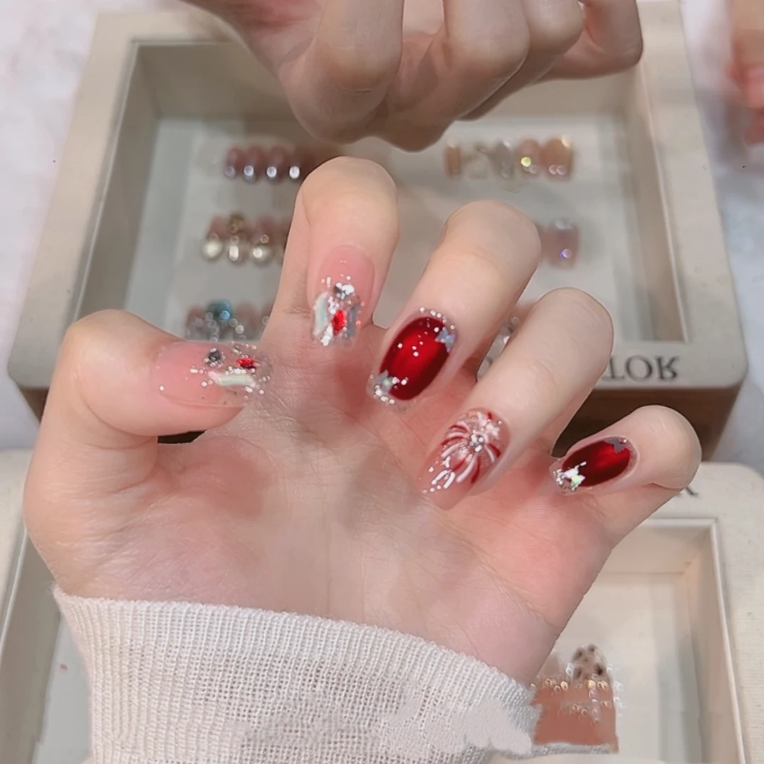红色烟花-纯手工高货穿戴美甲10片带工具包