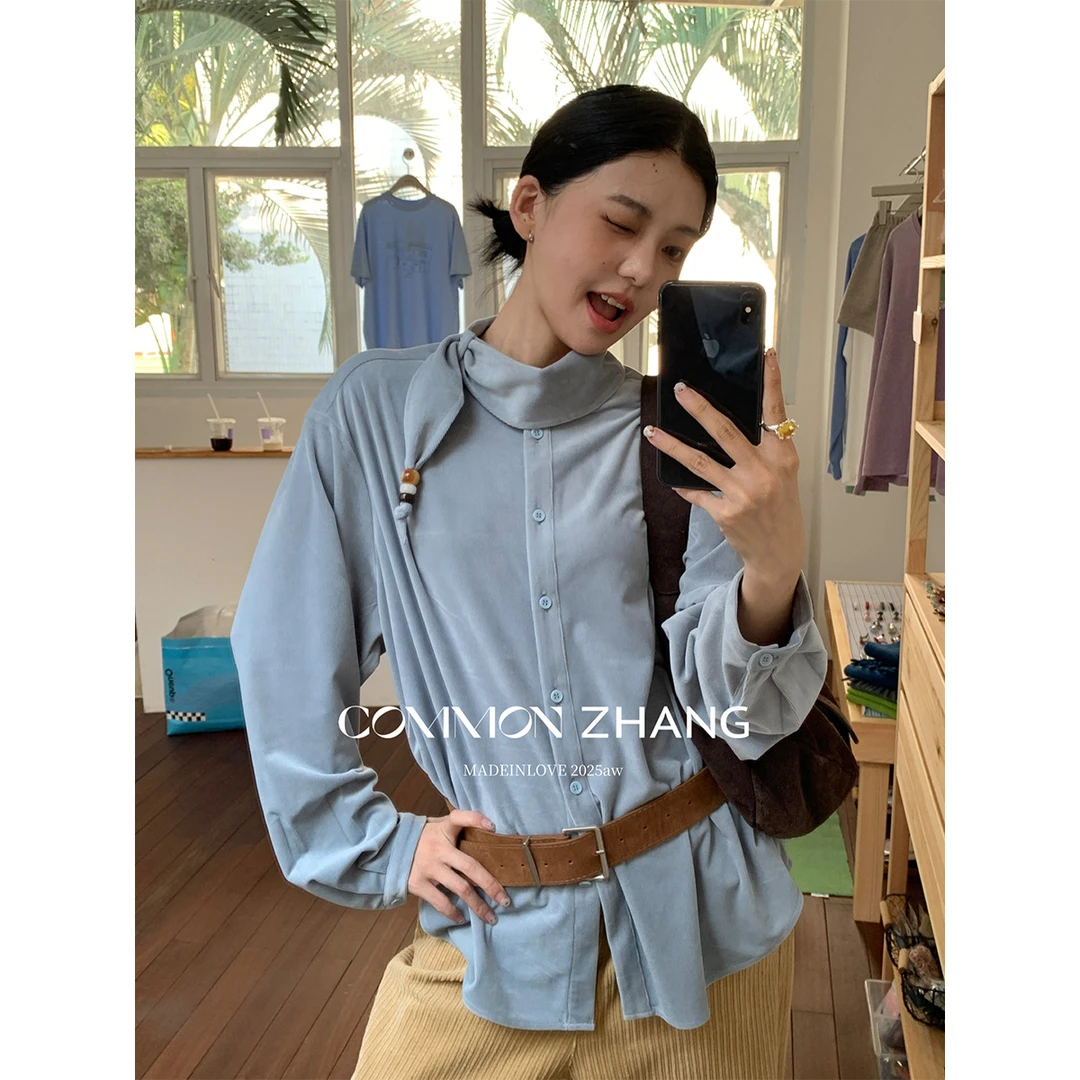 CZ ZHANG秋灯芯绒围巾领褶皱衬衫女温柔风宽松休闲百搭上衣B43033
