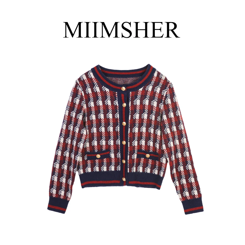 康塞尼羊绒绵羊毛混纺格子圆领单排扣小香风长袖针织开衫W6297