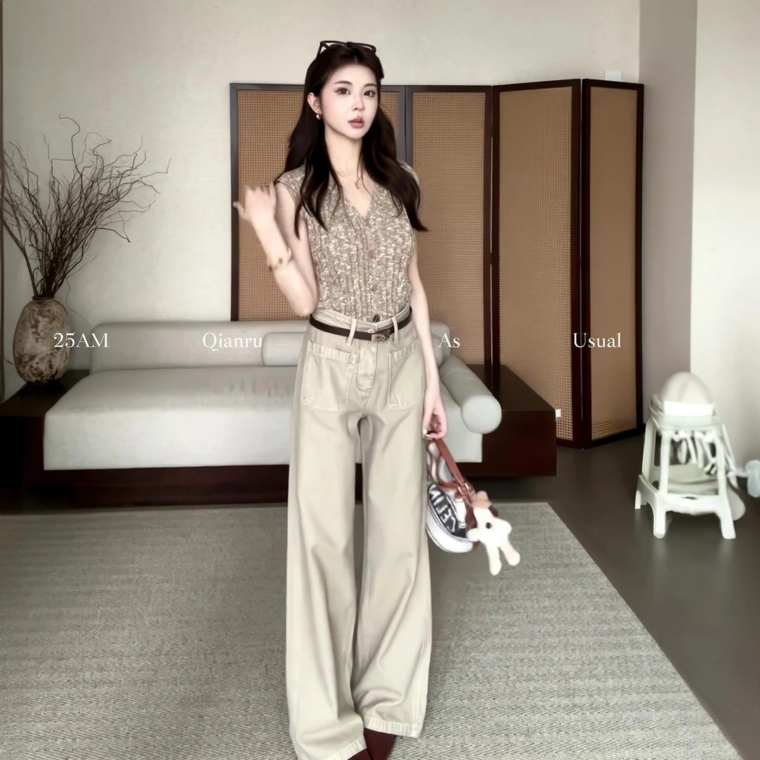 VOCKOO官方2025法式高级V领咖色背心上衣收腰显瘦卡其休闲裤春季