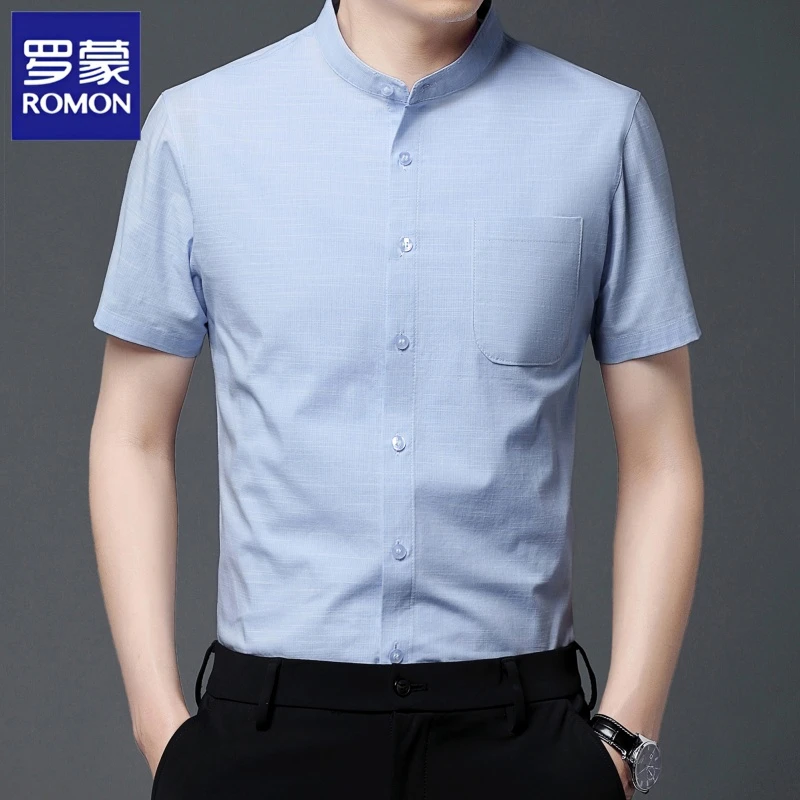 罗蒙无领短袖衬衫男夏季新款纯色中山装冰丝无痕休闲口袋立领衬衣