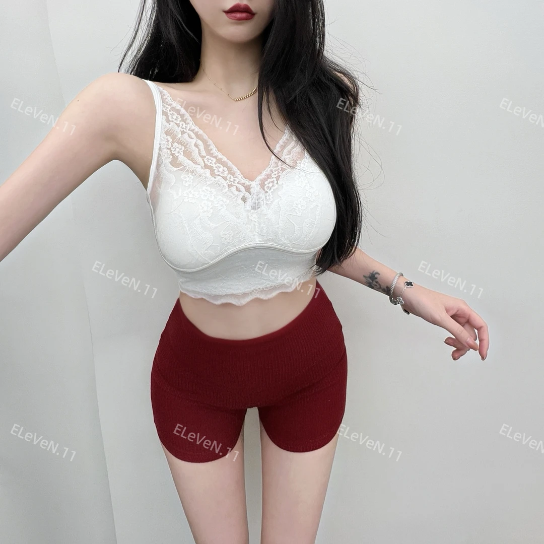 性感美背带胸垫蕾丝拼接V领吊带背心女独特漂亮打底短款内搭上衣