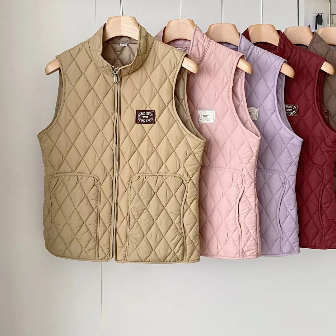 女士立领马甲2025菱形格夹棉加厚马夹棉服秋冬保暖时尚休闲坎肩