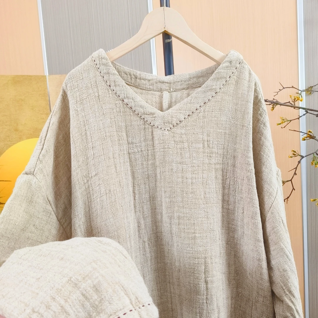 汉麻手工绣线V领连衣裙