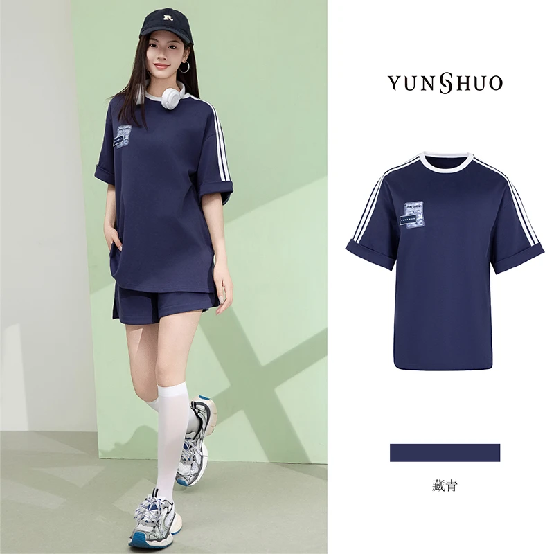 允硕夏季新品时尚女装圆领条纹宽松休闲欧若风T恤短袖上衣325358