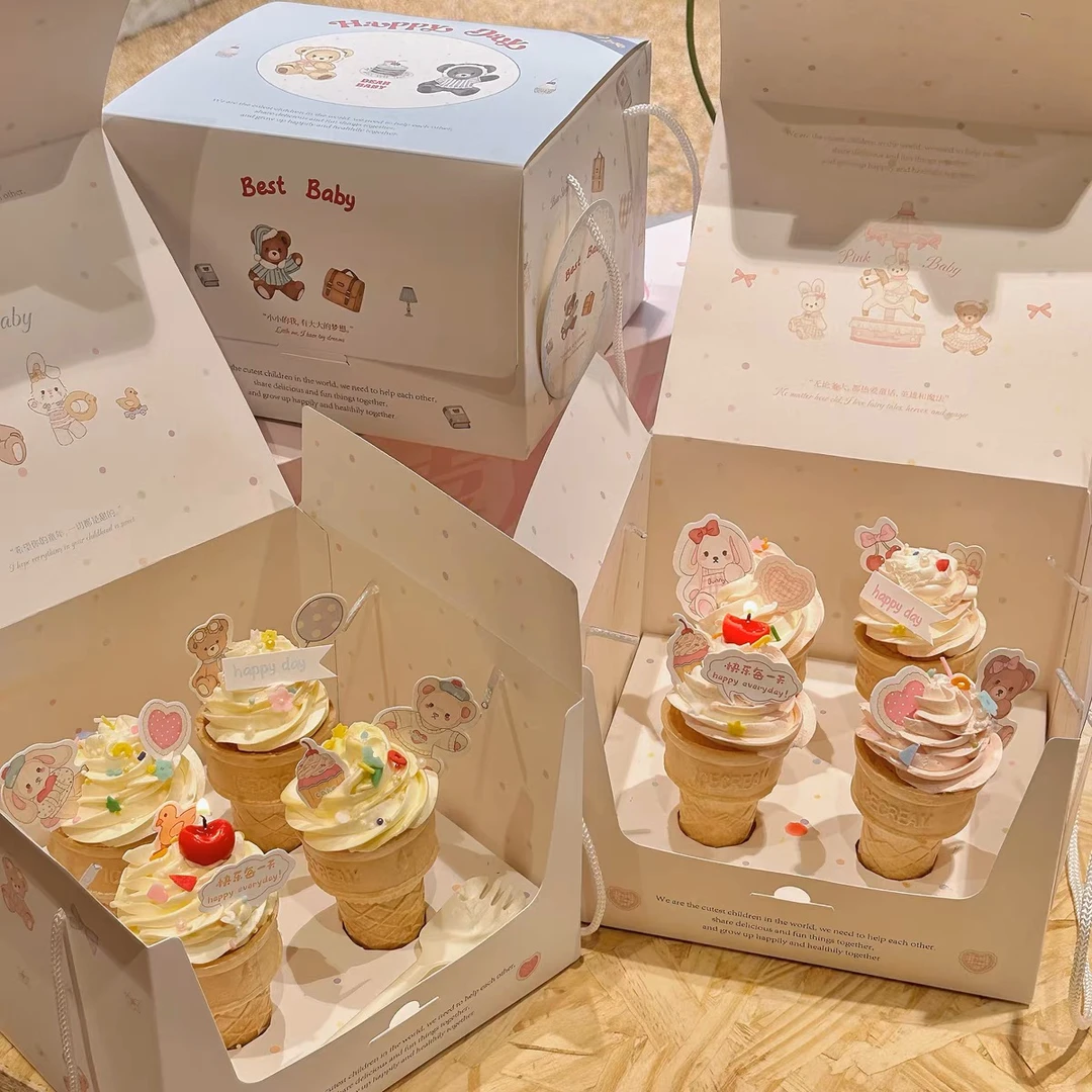 抱抱酱网红同款可爱三色儿童节甜筒蛋糕四粒装蛋糕盒樱桃蜡烛