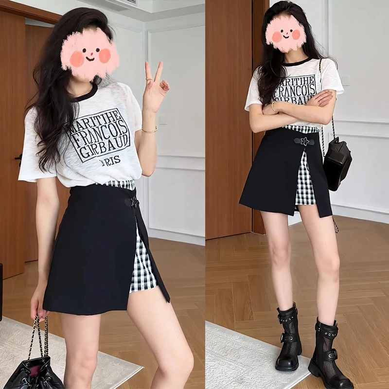 纯欲慵懒风女装针织短袖T恤上衣显瘦假两件裙裤套装夏洋气衣服女