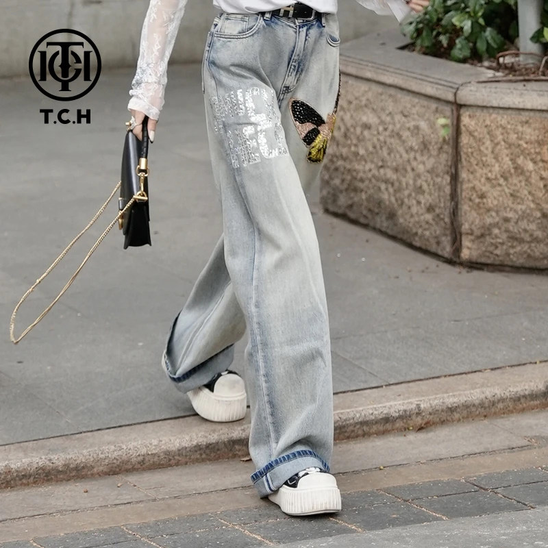 TCH私服烫钻工艺25蝴蝶休闲复古直筒牛仔裤女T69C20E8007轻奢tch