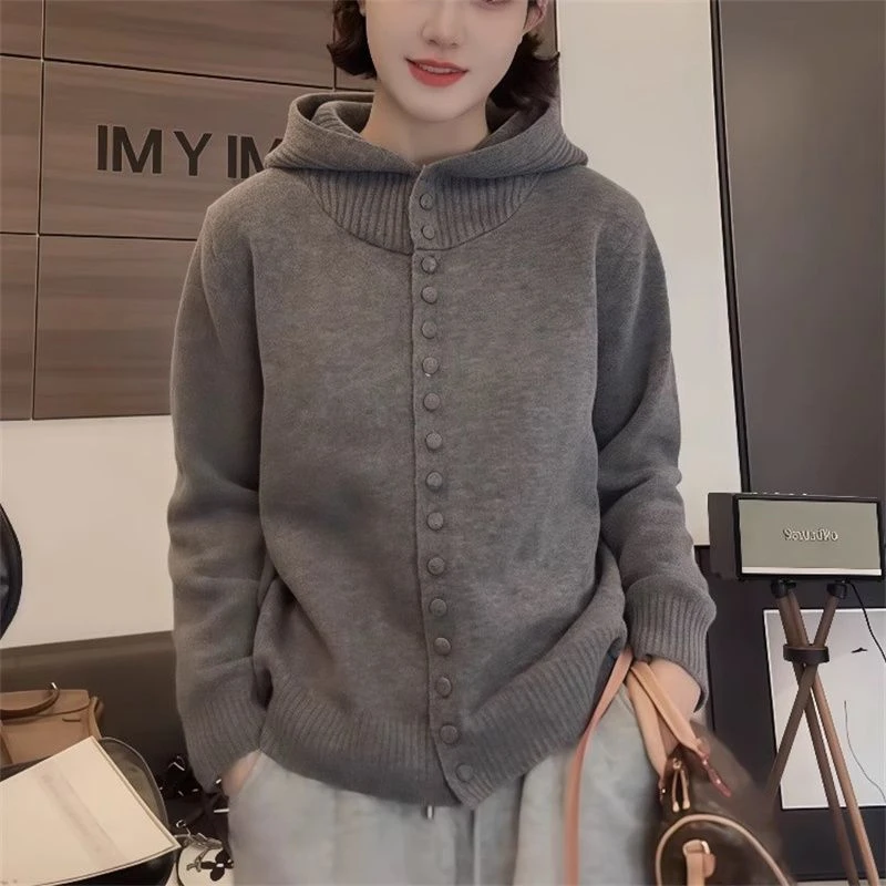 灰色连帽针织衫女秋冬新款毛衣慵懒高级感冬季打底衫气质显瘦上衣