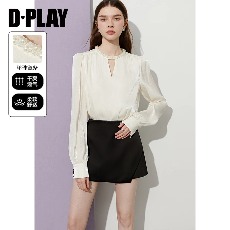 DPLAY2025年春季新款法式白色上衣女洋气独特别致内搭打底衫长袖