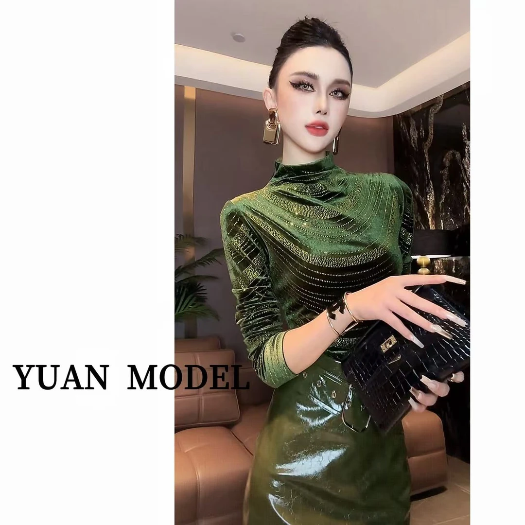 YUAN MODEL/媛老板-时装原创烫钻项链长袖T恤气质打底上衣100642