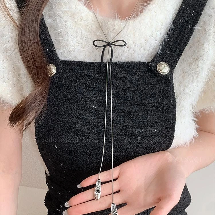 钛钢项链 蝴蝶结芭蕾舞鞋吊坠项链女可调节秋冬长款毛衣链挂脖C70