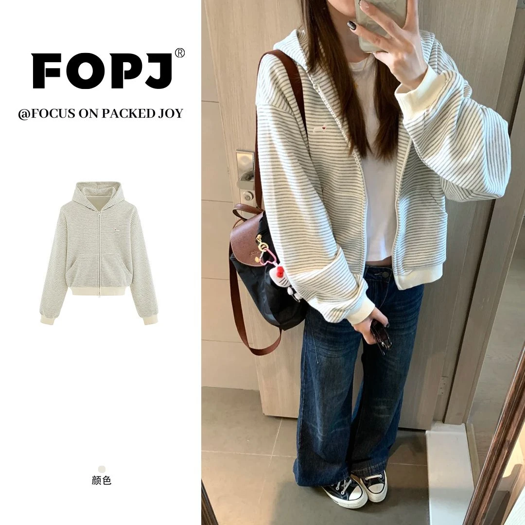 FOPJ刺绣款韩系学院风双拉链条纹连帽卫衣女设计感休闲百搭短外套