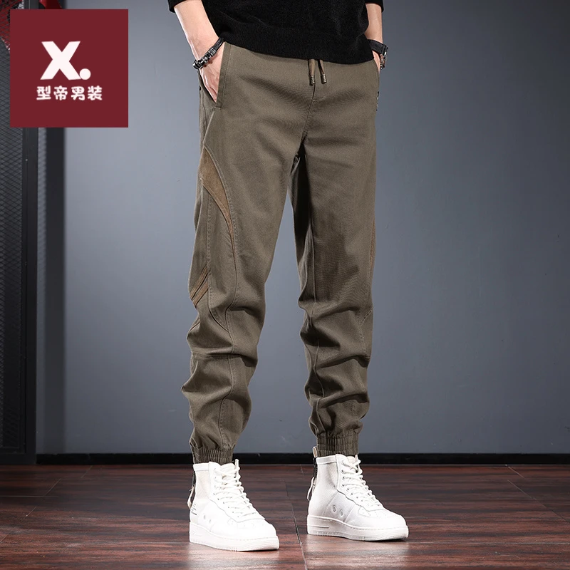 潮牌拼接休闲裤男秋季款宽松抽绳束脚哈伦裤咖啡色百搭美式工装裤