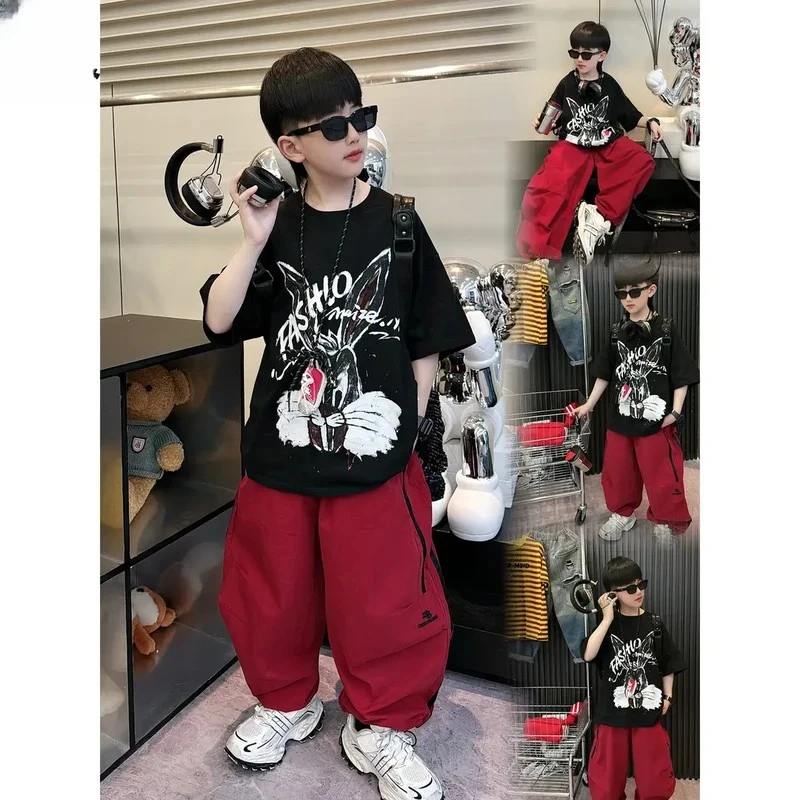 纯棉男童【酷帅兔子】夏款时尚街头男童黑色涂鸦兔子印花短袖T恤