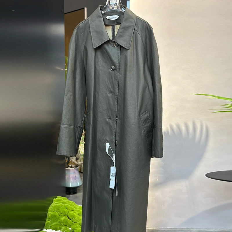RODERIC WONG 25春夏军绿色阔版翻领水洗复古风衣外套显瘦百搭