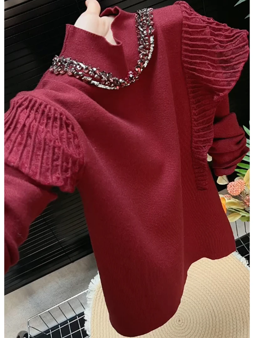 红色荷叶边亮片装饰半高领针织衫女2025秋冬新款气质显瘦打底毛衣