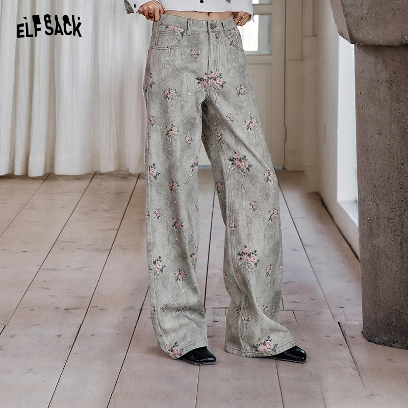 妖精的口袋复古玫瑰满印阔腿休闲裤女2025年春季新款宽松直筒裤子