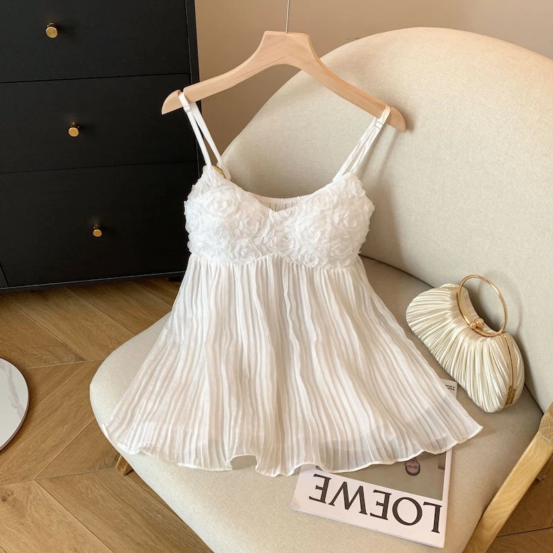 白色花朵拼接v领吊带背心女夏季新款宽松纯欲外穿设计感短款上衣