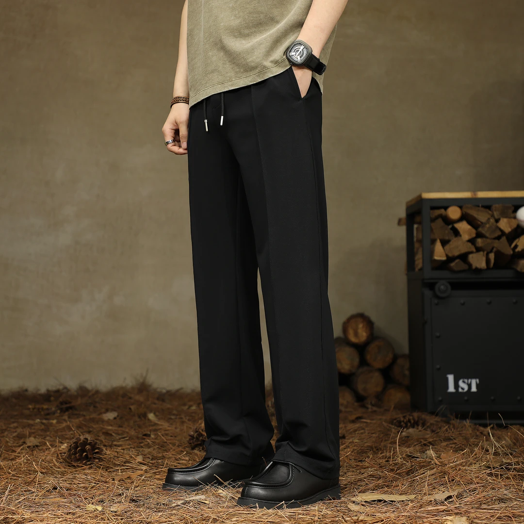 夏季薄款冰丝阔腿休闲裤男士宽松直筒长裤松紧腰弹力运动裤子男裤