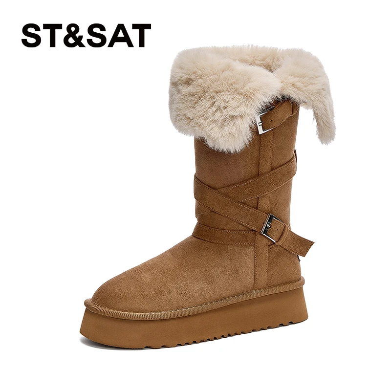 星期六厚底雪地靴女冬1400G长毛绒加绒加厚保暖两穿休闲长筒棉靴