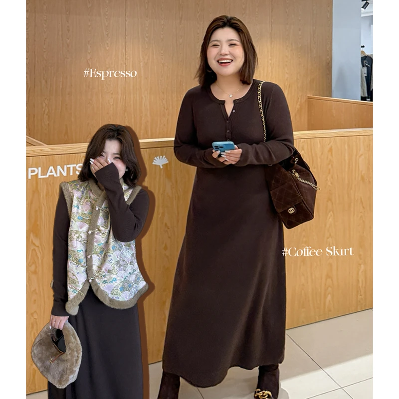 Coffee裙/胖mm大码极简显瘦针织长裙~