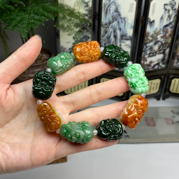老料红加绿三彩十八子罗汉手串 天然翡翠A货