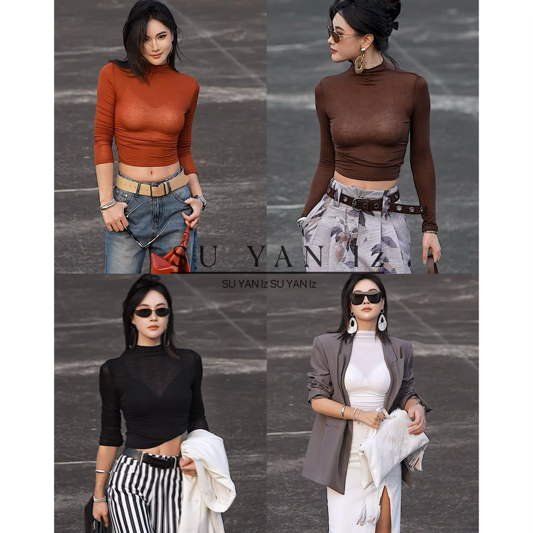 智嫣女装 原创显瘦百搭春夏束腰抗皱高弹性天丝亚麻高领T恤 TX001