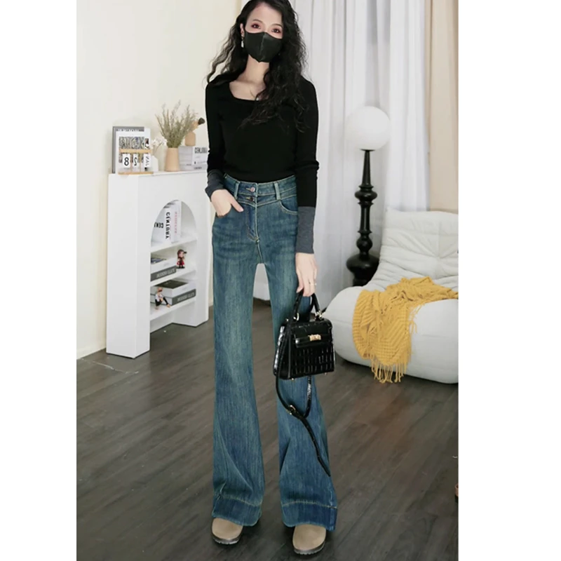 高腰微喇牛仔裤女2025春季新款弹力小个子不贴腿喇叭长裤百搭