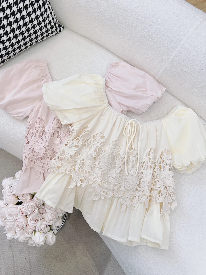 琳心丨春夏新款时尚花朵镂空拼接泡泡袖一字肩短款衬衣 MDY6016