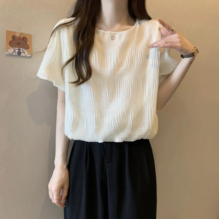 法式气质短袖雪纺衫女夏装新款大码胖显瘦遮肚漂亮小衫褶皱上睡衣