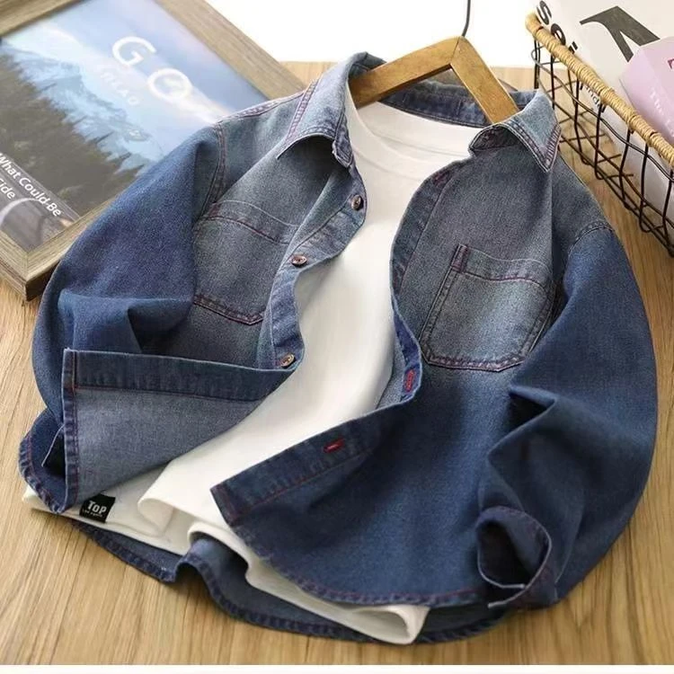 男童牛仔衬衫外套2025春秋季新款中大童洋气长袖春装男孩痞帅上衣