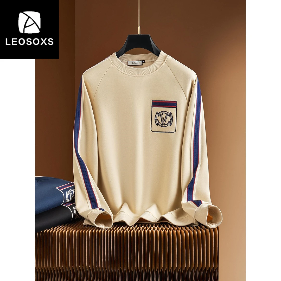 秋季高端时尚潮流撞色拼接刺绣衣服男士百搭圆领休闲长袖卫衣男款