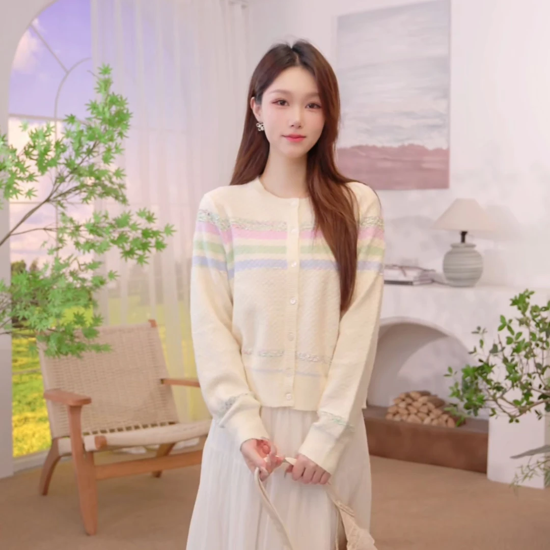 【保暖好物】茵曼25秋季温柔风条纹银丝针织开衫慵懒宽松毛衣外套