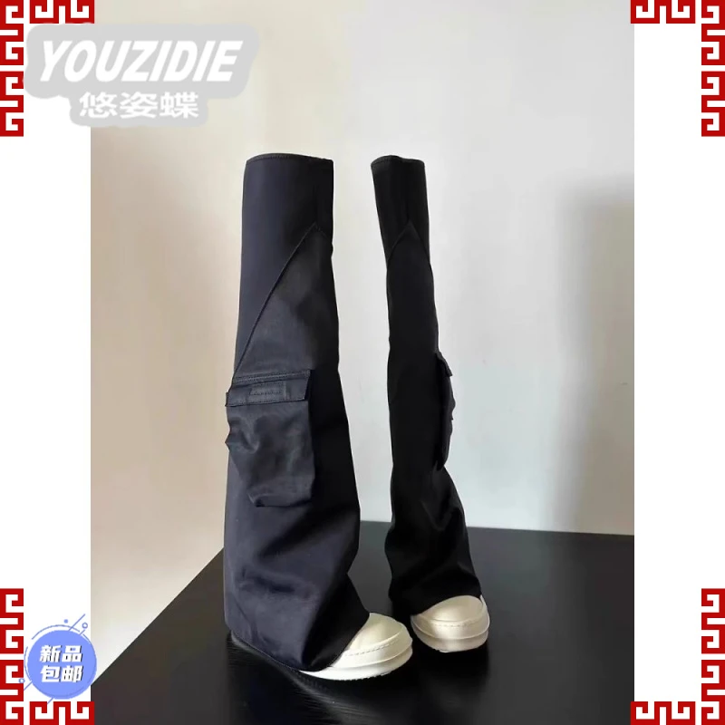 YOUZIDIE潮牌两穿帆布炸街裤管靴小众设计感高筒靴骑士靴厚底工装