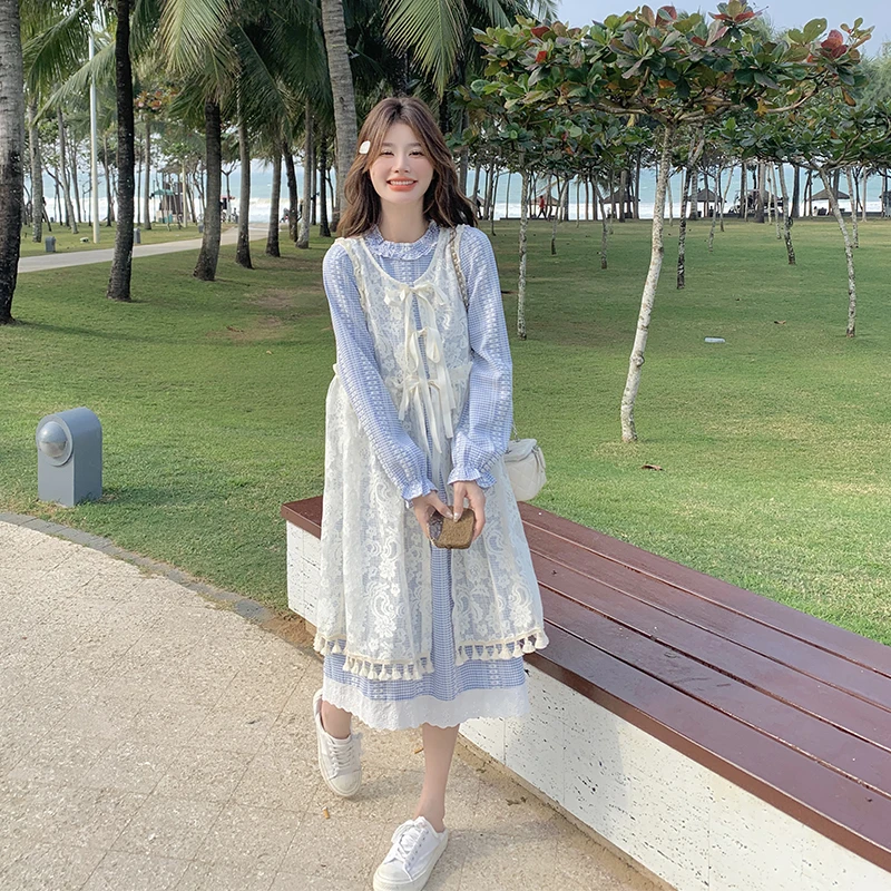 蓝色超好看蕾丝罩衫连衣裙套装女2025春法式小个子甜美减龄a字裙