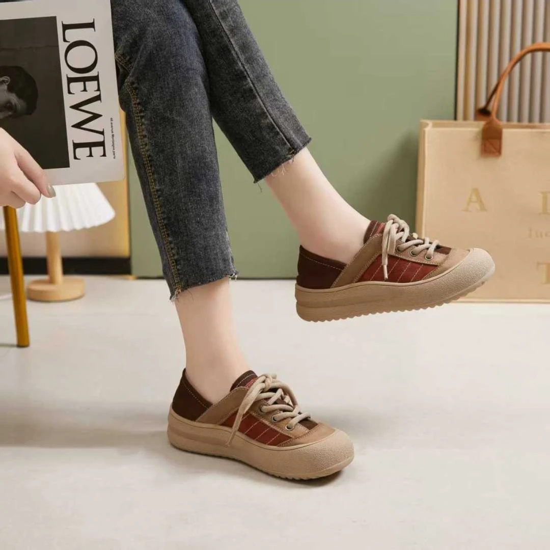 板鞋拼色单鞋系带色拼接拼接女鞋厚底舒适百搭布鞋减震秋季