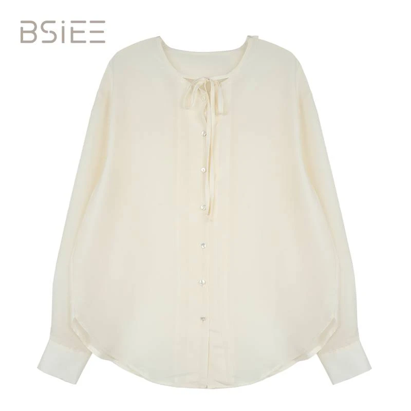 BSIEE/本涩显瘦长袖时尚百搭衬衣显瘦圆领系带衬衫