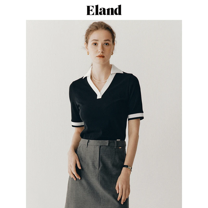 【女装优选KY】Eland衣恋短袖t恤女学院风V领短袖polo衫EEHWD48T1I