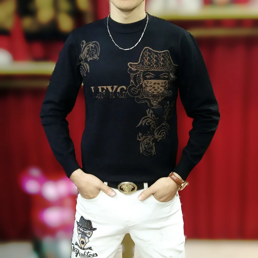 男士新款时尚休闲秋冬高品质烫钻圆领针织帅气潮流修身打底毛衣