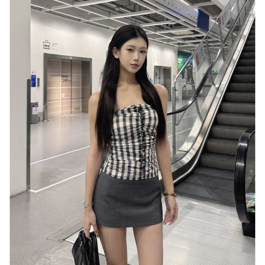 LELEPENG 格子抹胸女夏新款辣妹性感露肩无袖收腰背心女上衣609